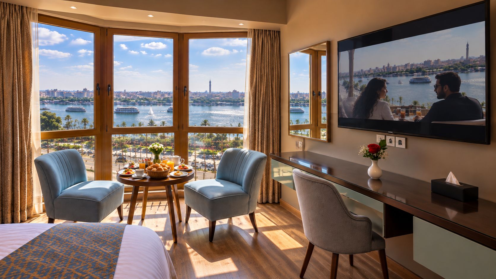 Habitación de hotel con un ventanal grande, una mesa de comedor con sillas, una cama, un televisor y un escritorio con un jarrón de flores.