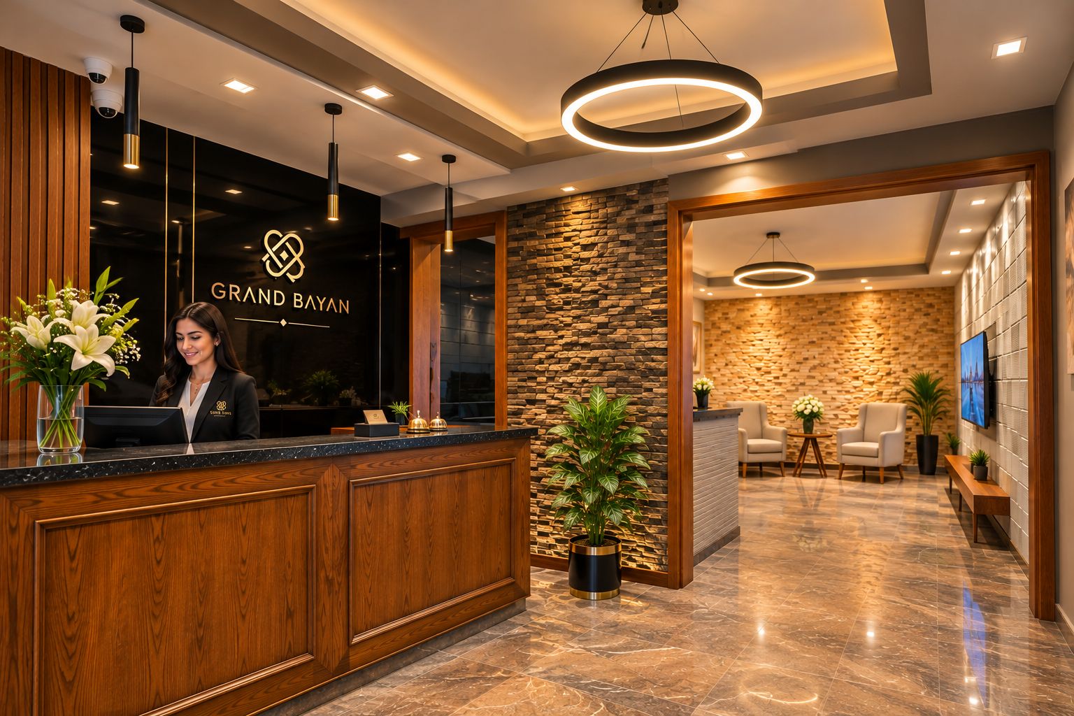 Una recepción con logotipo, una recepcionista, una pared de piedra y una zona de estar con sillas y televisor.