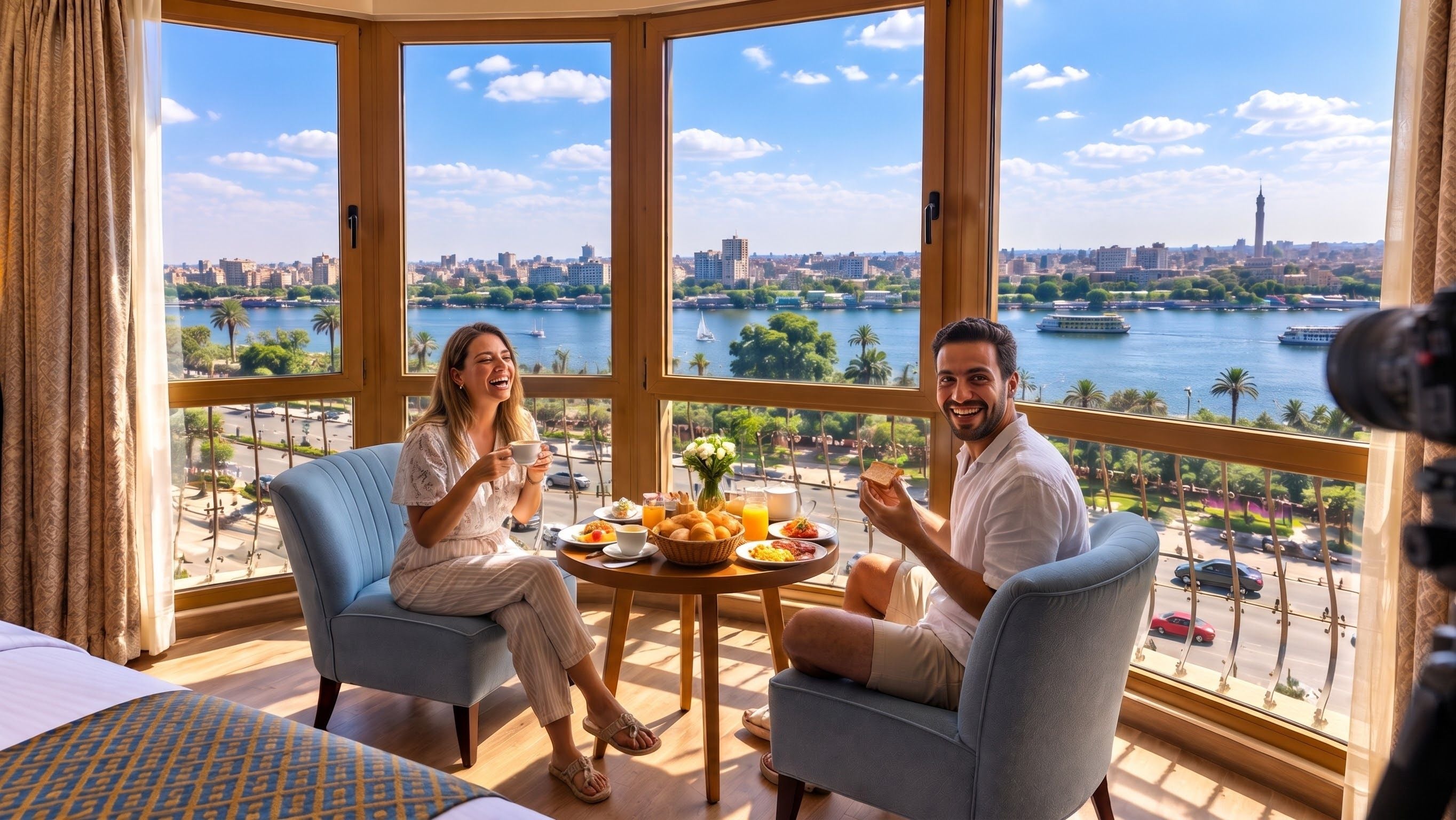 Habitación con amplia ventana que da a un paisaje urbano y al agua, con dos sillas, una mesa con desayuno y una cama.