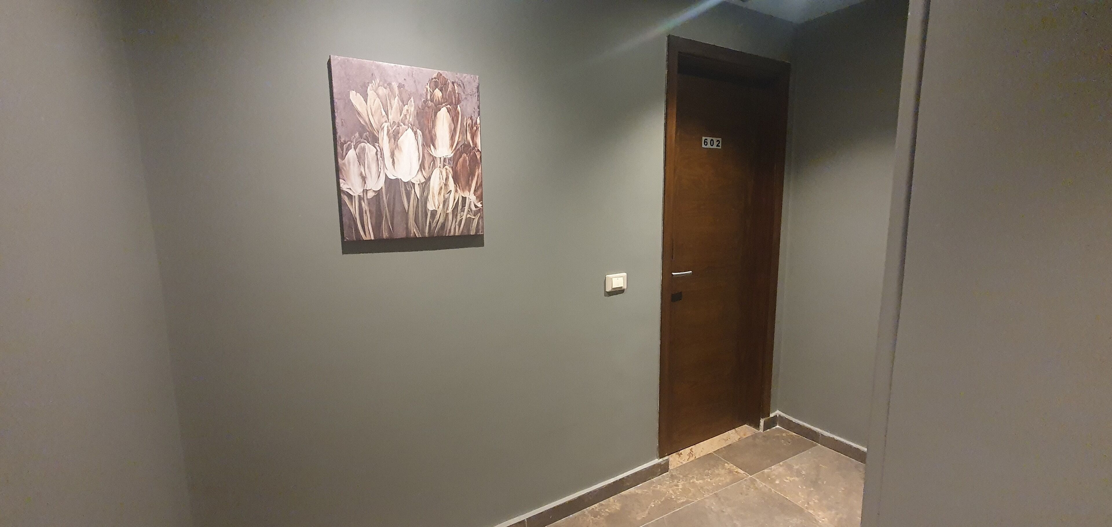 Un pasillo con una puerta de madera marcada con el número 602, un interruptor de luz y un cuadro de flores en la pared.