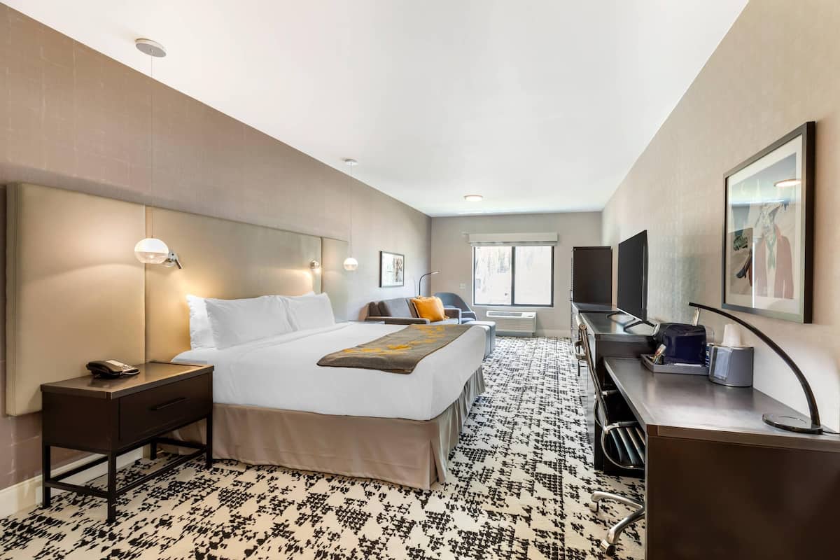 Een hotelkamer met een bed, nachtkastje, bureau, stoel en een televisie.