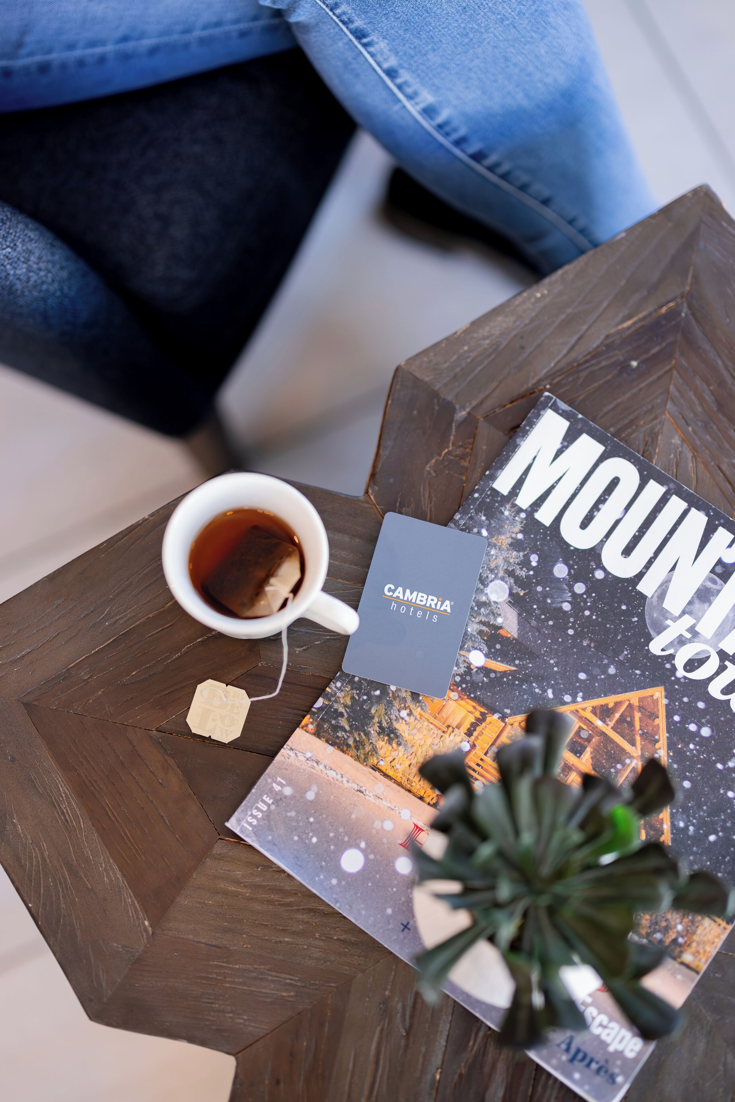 A coffee cup on a wooden table with a book titled "MOUNTAIN" and a card for "CAMBRIA hotels".