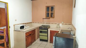 A compact kitchen with a microwave, gas stove, and sink.