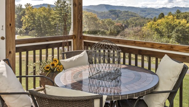 Une table ronde en verre, agrémentée d’une cage à oiseaux en métal comme élément décoratif central, des chaises en osier avec des coussins, et une vue sur une chaîne de montagnes boisée.