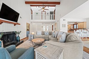 Smart TV, fireplace, books