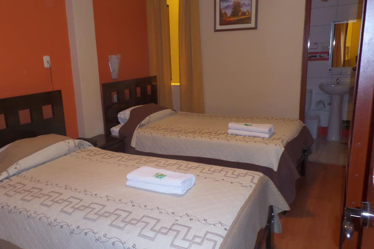A hotel room with two beds, each with a patterned bedspread and a folded towel.