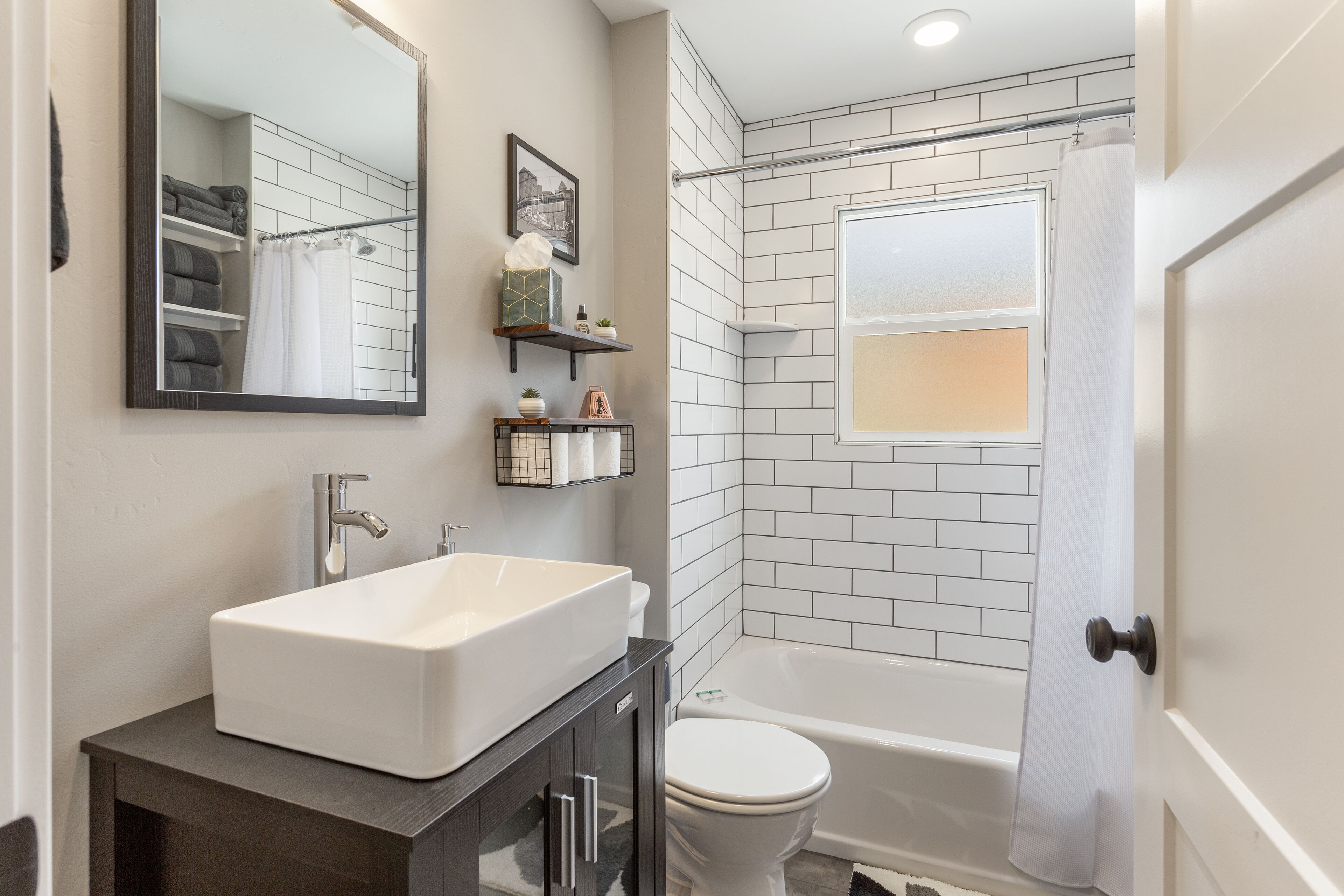 Hair dryer, towels, soap, shampoo