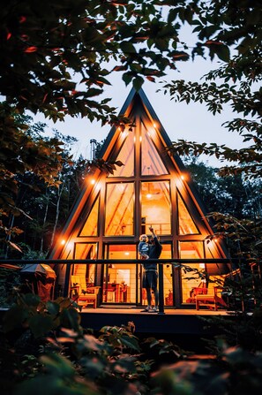 Een houten cabin met een driehoekige vorm, grote ramen en een veranda, omringd door bomen.