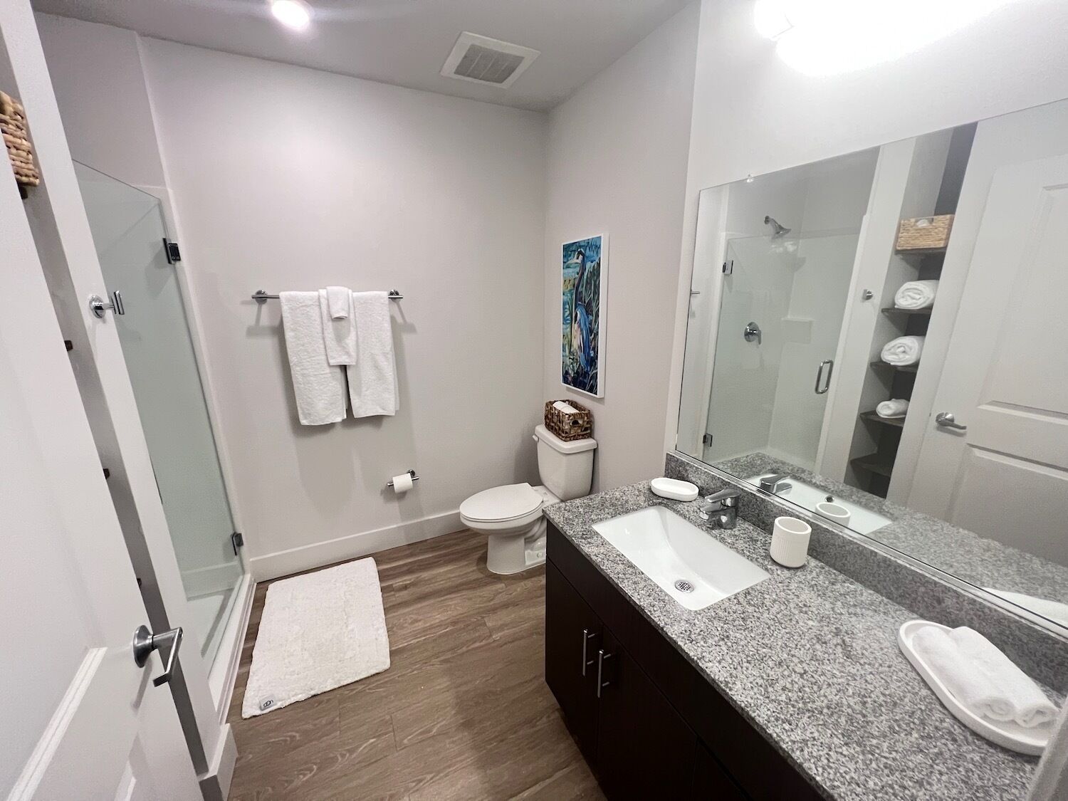A modern bathroom with a shower, toilet, and sink.