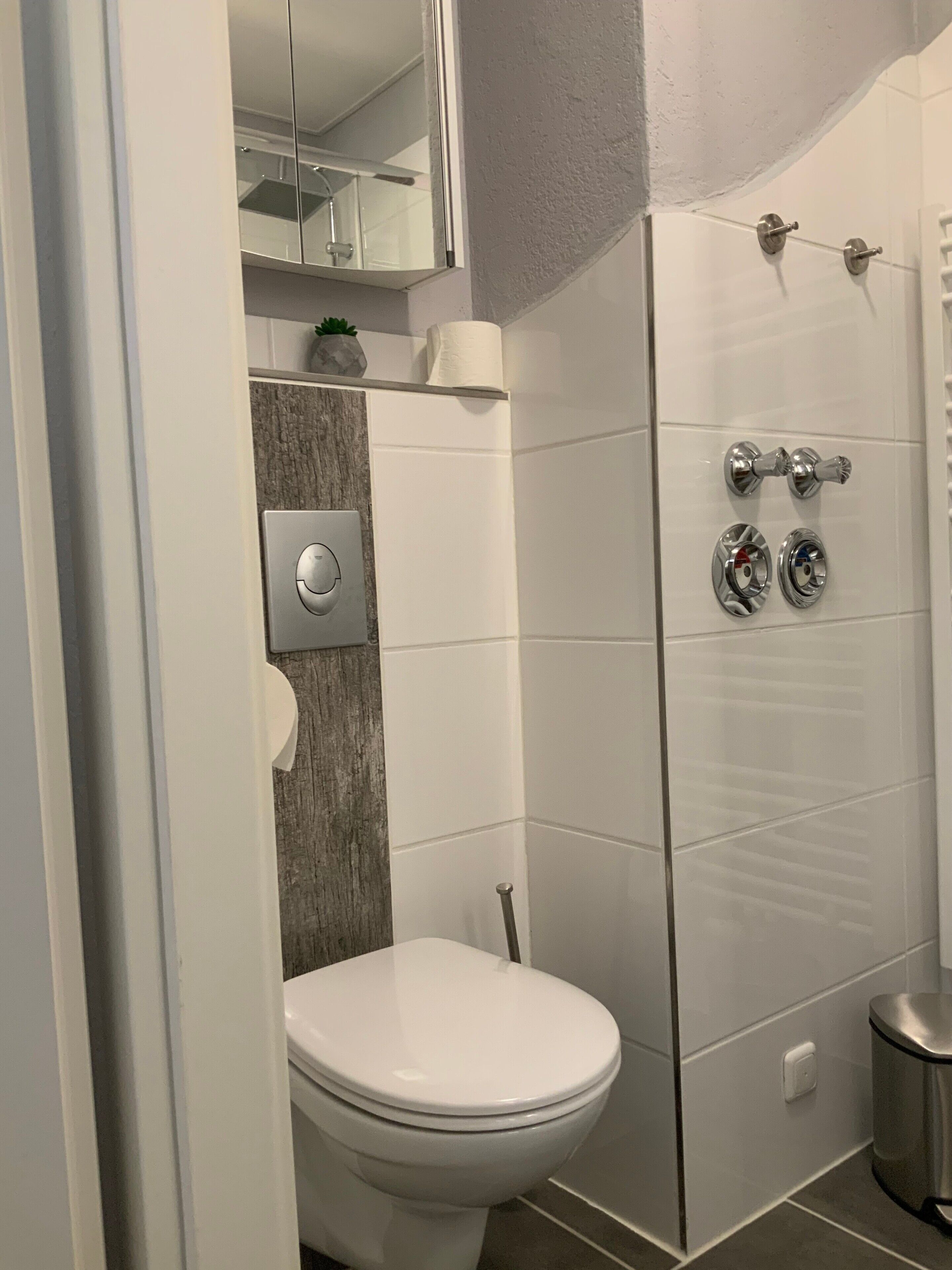 Une salle de bain moderne avec des toilettes, une douche dotée de robinetterie chromée et un miroir au-dessus du lavabo.