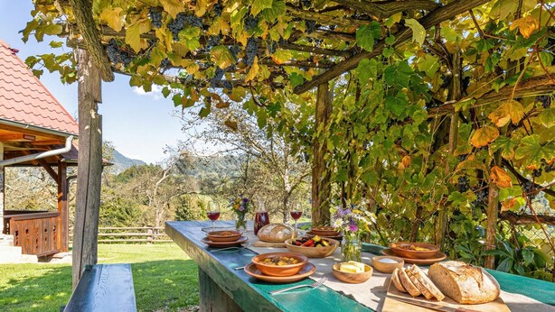 A picnic table set with food and drinks, surrounded by a wooden pergola with grapevines. - Kunstek Farmhouse w/ Private Sauna, Rogatec, Slovenia (Rogatec)