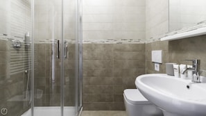 A bathroom with a glass shower enclosure, a white sink, and a toilet.