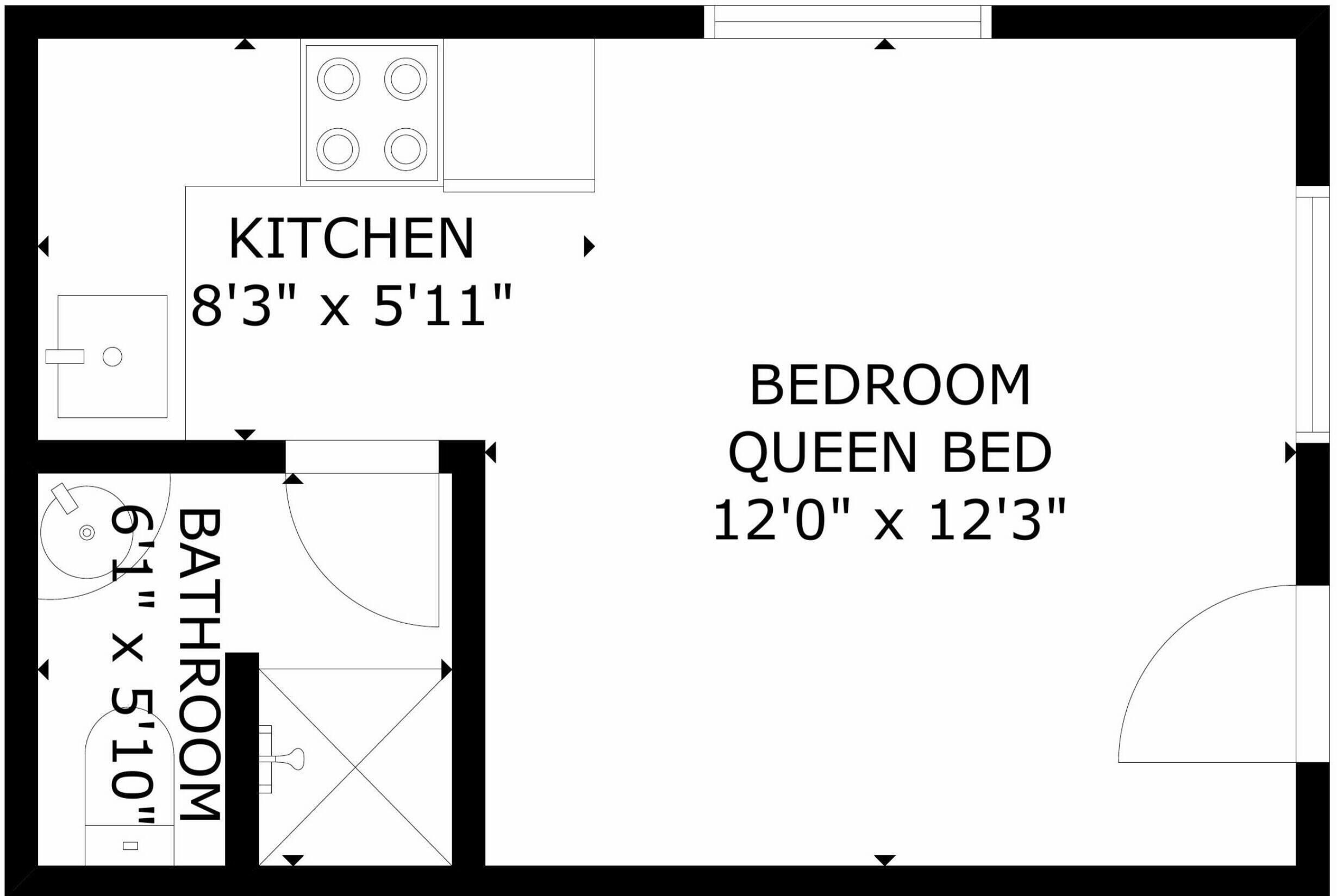 Een plattegrond van een hotelkamer met een keuken van 2,4 meter bij 1,8 meter, een badkamer van 1,9 meter bij 1,7 meter, en een queens bed van 3,7 meter bij 3,7 meter.