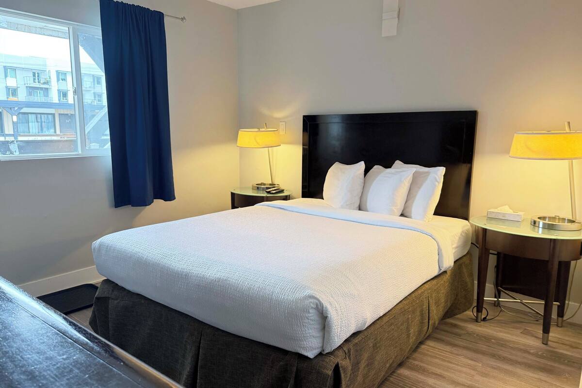 A hotel room with a large bed, two bedside lamps, a window with curtains, and a view of buildings outside.