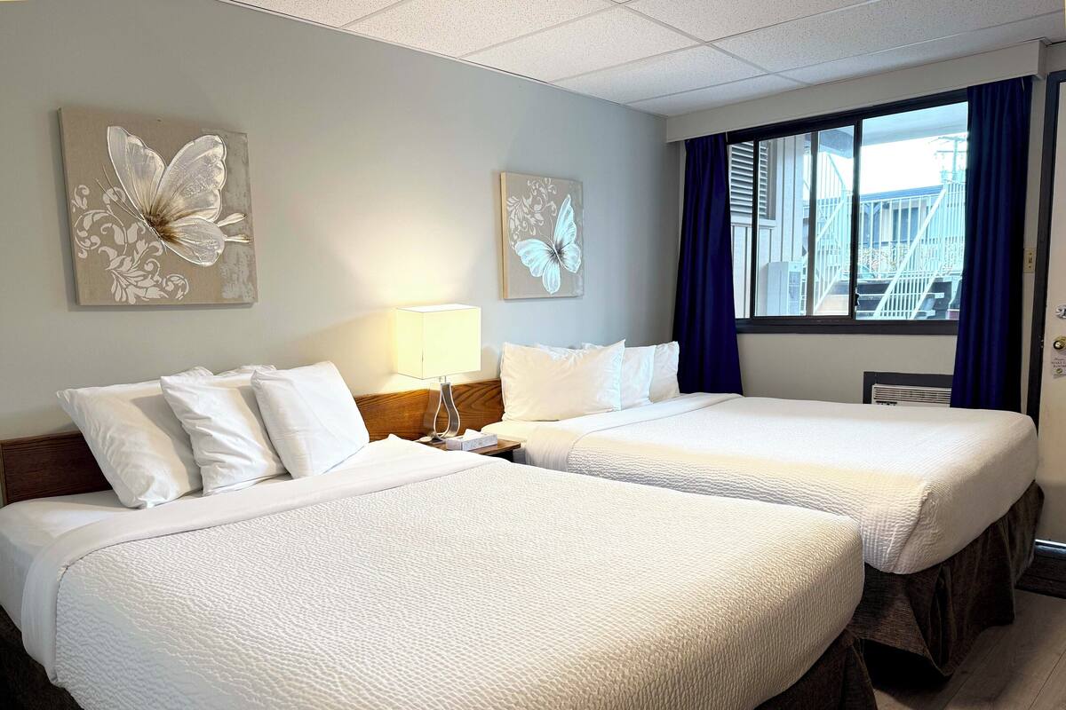A hotel room with two beds, a nightstand, a lamp, and butterfly wall art.