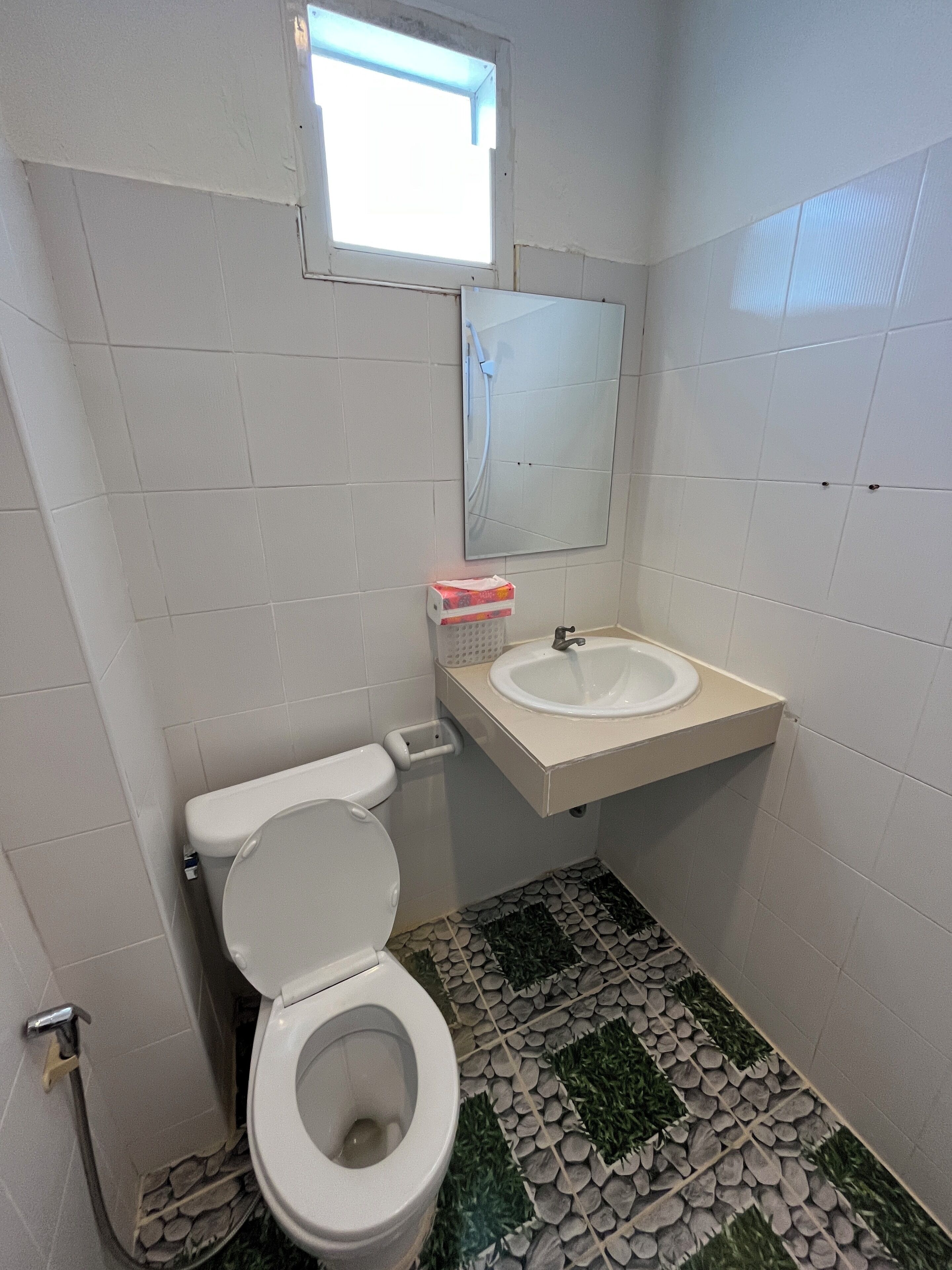 Un baño con inodoro, lavabo y espejo.