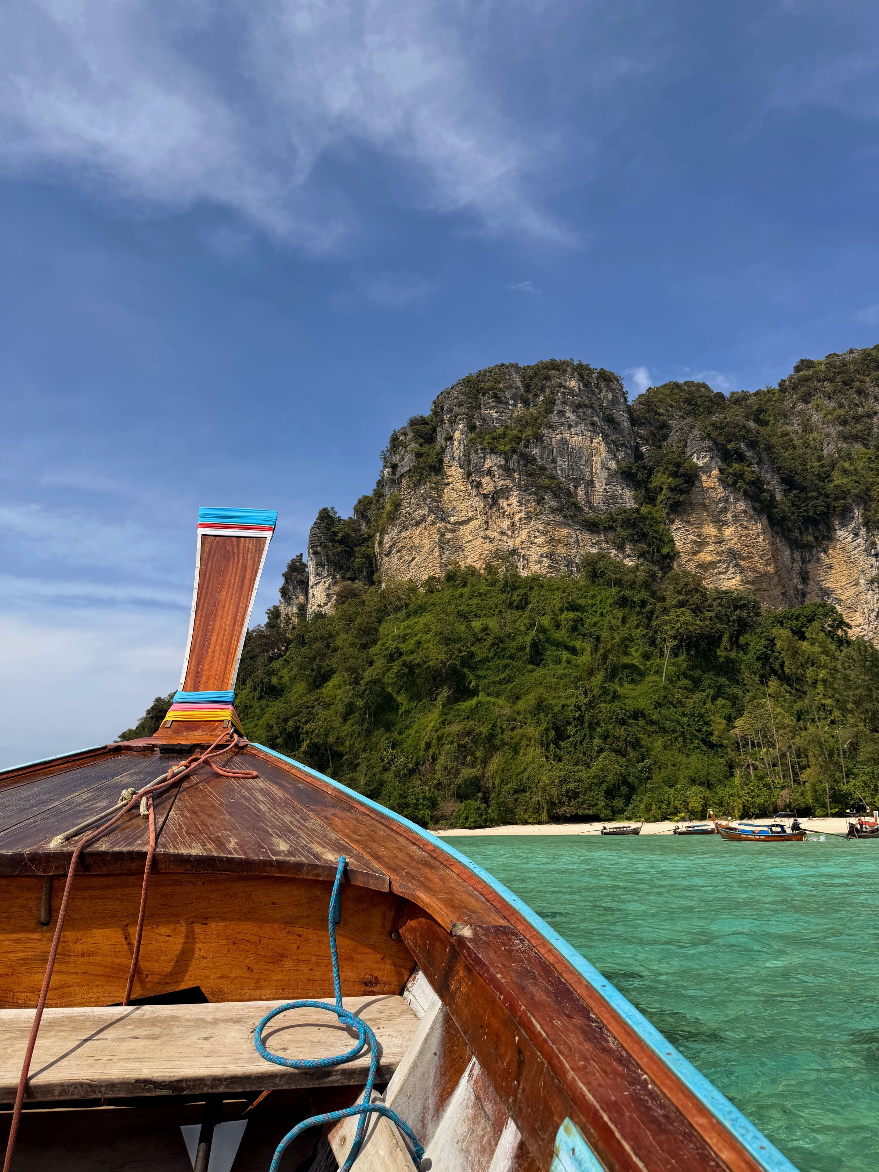 A boat with a wooden deck and ropes, a clear blue sky, and a mountainous coastline in the background.