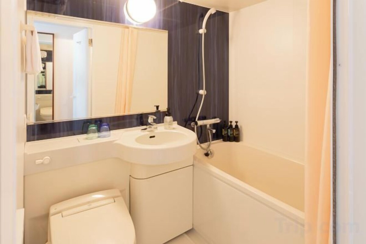 Combined shower/tub, free toiletries, hair dryer, slippers