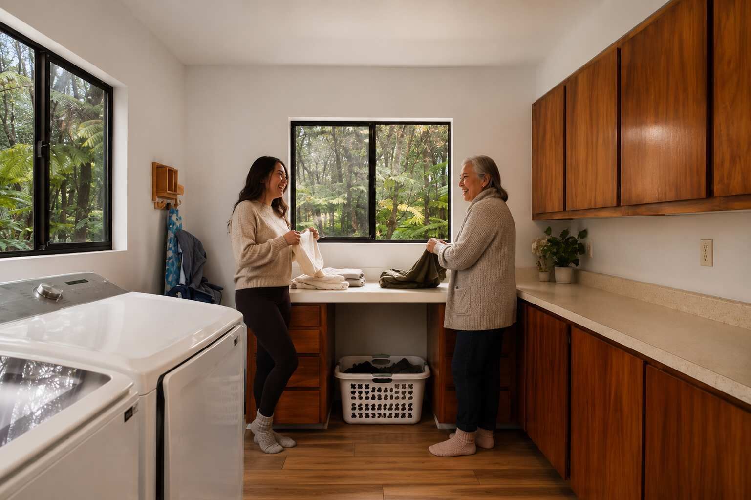 A modern kitchen with wooden cabinets, a large window, and a washing machine.