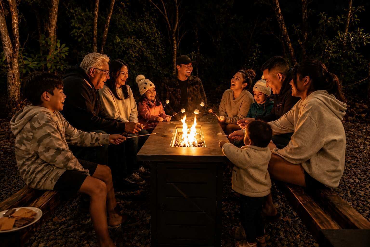 A group of people gathered around a campfire in a forested area.