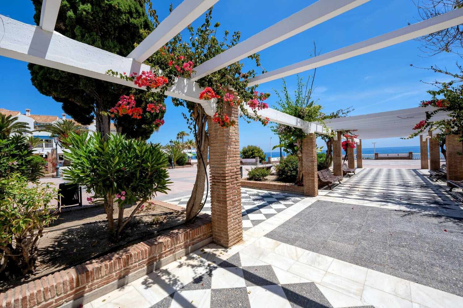 A covered outdoor area with a checkered floor, white pergola, and potted plants with flowers.