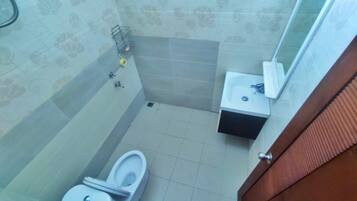 A bathroom with a toilet, sink, and shower area.