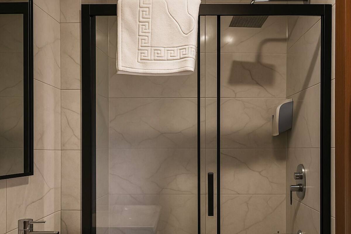 Une salle de bain moderne avec une douche à parois de verre, un lavabo blanc et une serviette à motifs géométriques.
