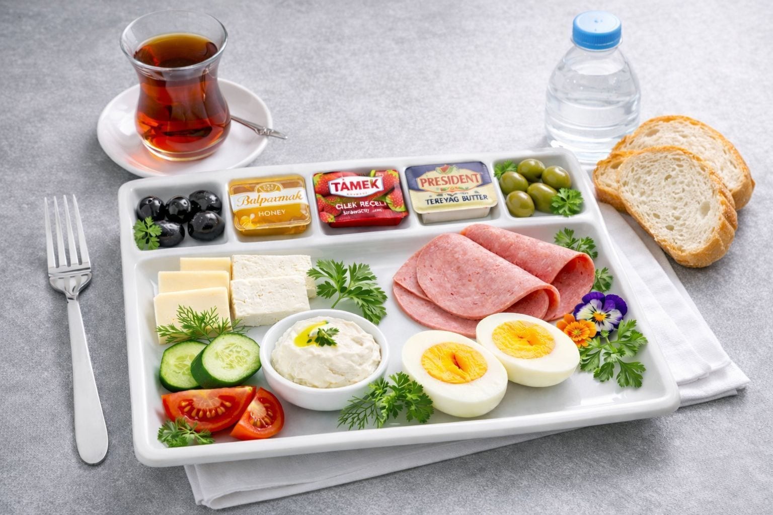 A meal tray with various food items including cheese, olives, tomatoes, cucumbers, and a cup of tea.