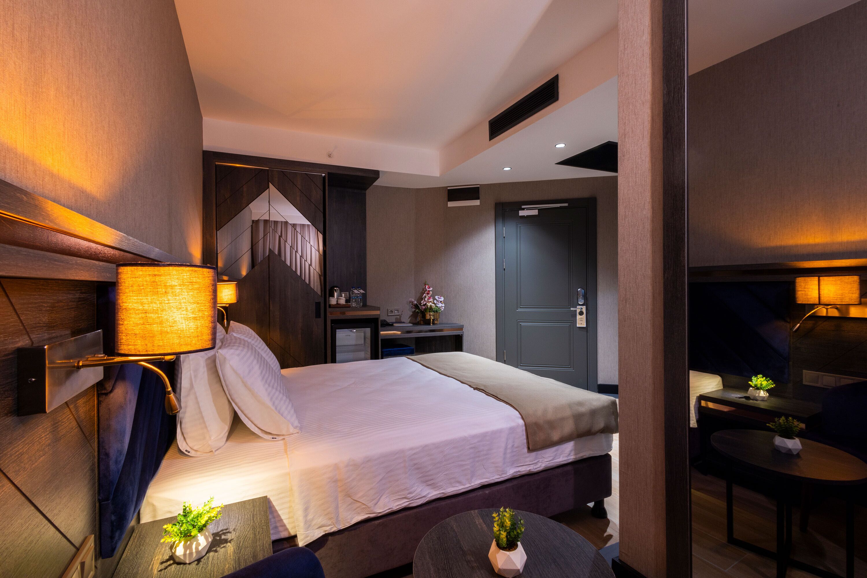 Habitación de hotel con cama, mesita de noche, lámpara y una pequeña mesa con una planta.