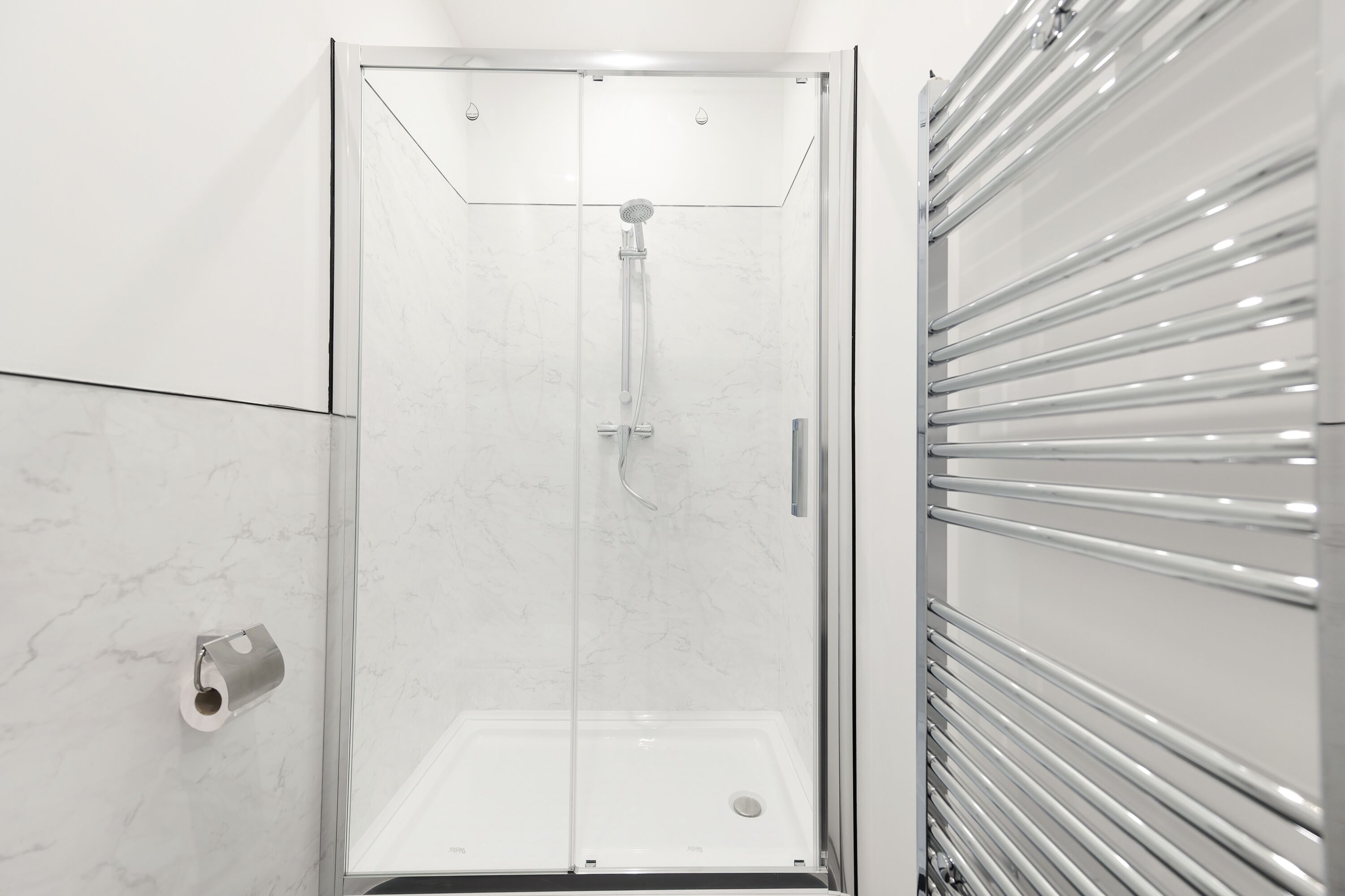A glass-enclosed shower with a handheld showerhead, a wall-mounted toilet paper holder, and a metal towel rack.