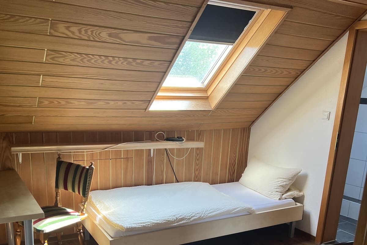 A small, cozy bedroom with a sloped ceiling, a skylight, a bed, a chair, a desk, and a television.