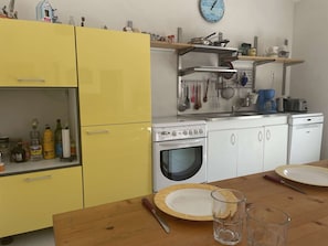 Fridge, stovetop, dishwasher, coffee/tea maker