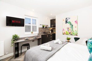 1 chambre, bureau, fer et planche à repasser, lit parapluie