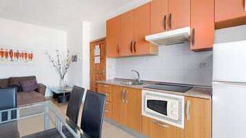 Jääkaappi, mikroaaltouuni, liesi, kahvin-/teenkeitin