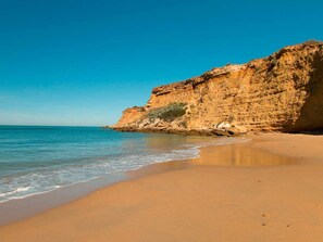 A beach with a sandy shore and a rocky cliff. - Catalina: Casa Señores Cura 1 – Family-Only Apartment with Shared Terrace, WiFi (Conil)