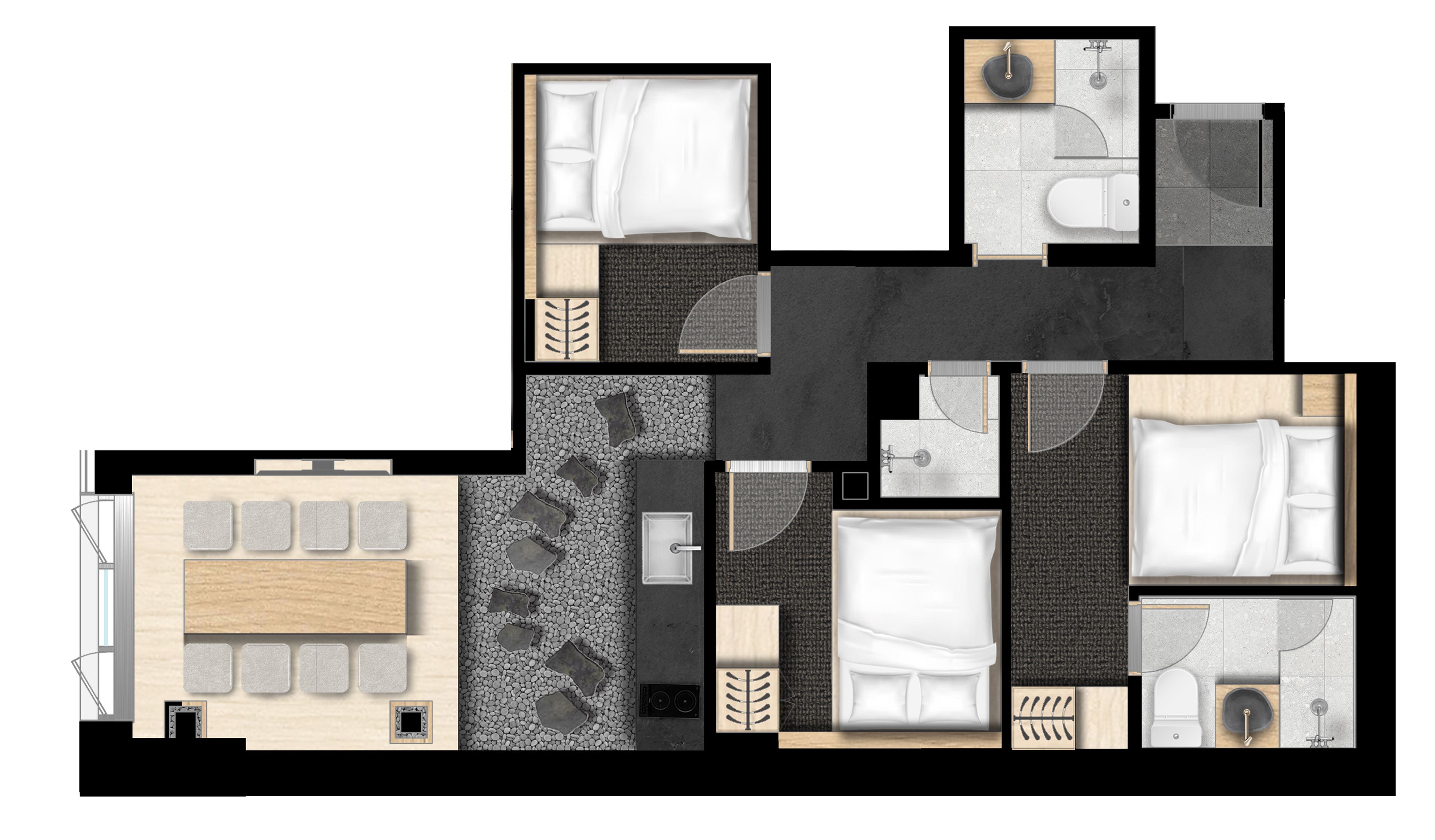 A hotel layout with multiple rooms, a common area, and a bathroom.
