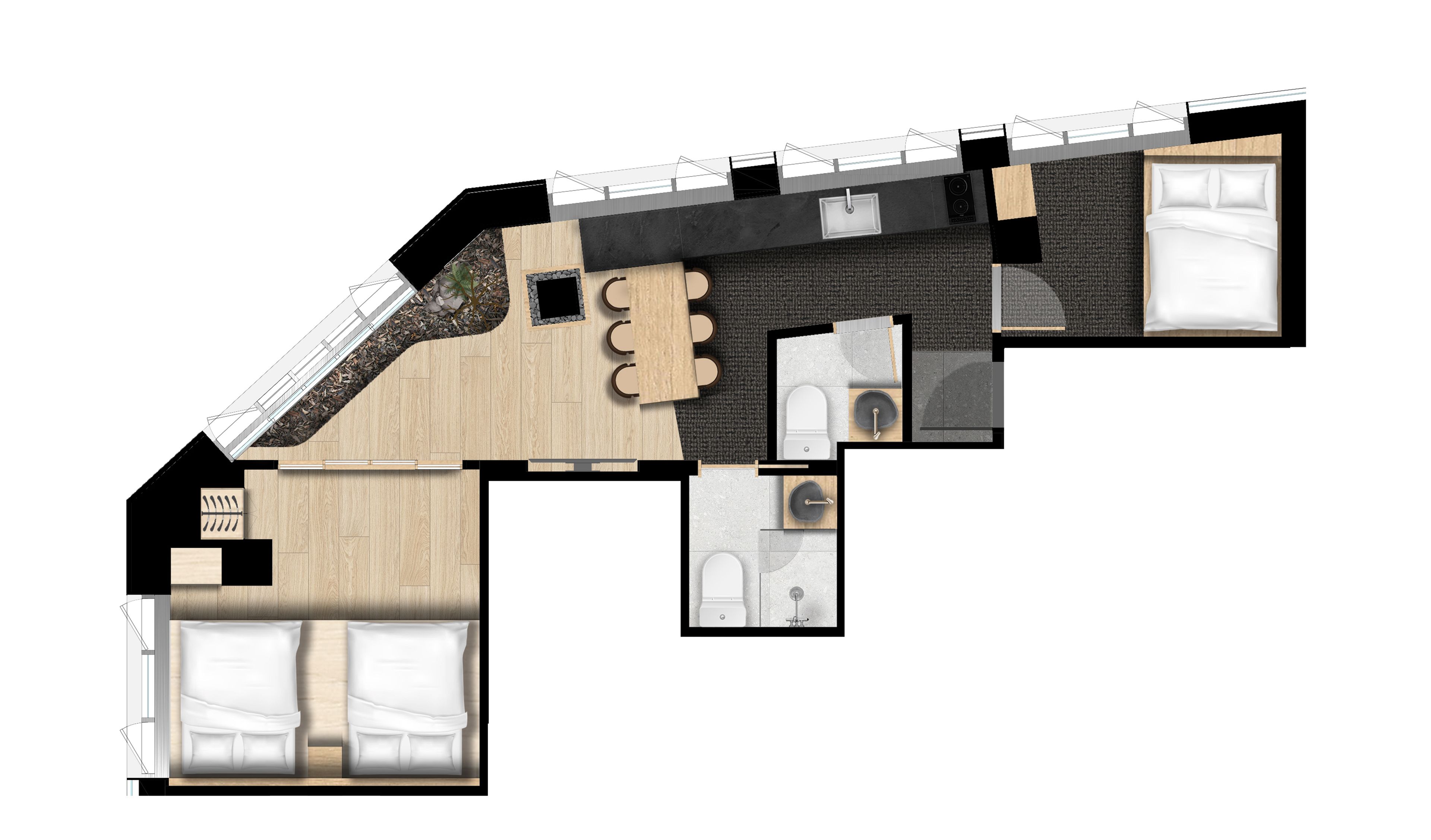 A hotel room layout with a bed, a bathroom, and a small sitting area.