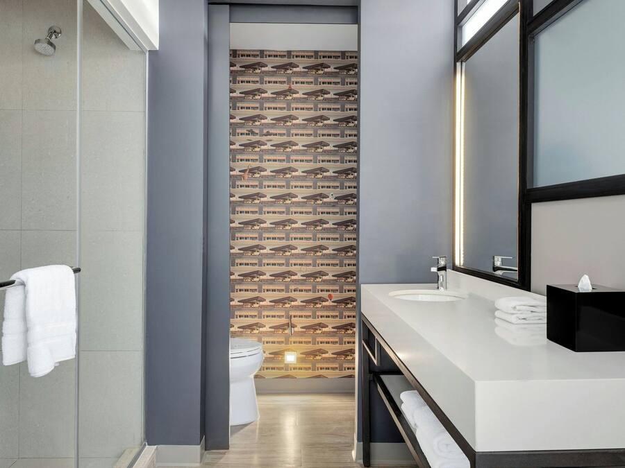 A modern bathroom with a shower, toilet, and vanity with a mirror.