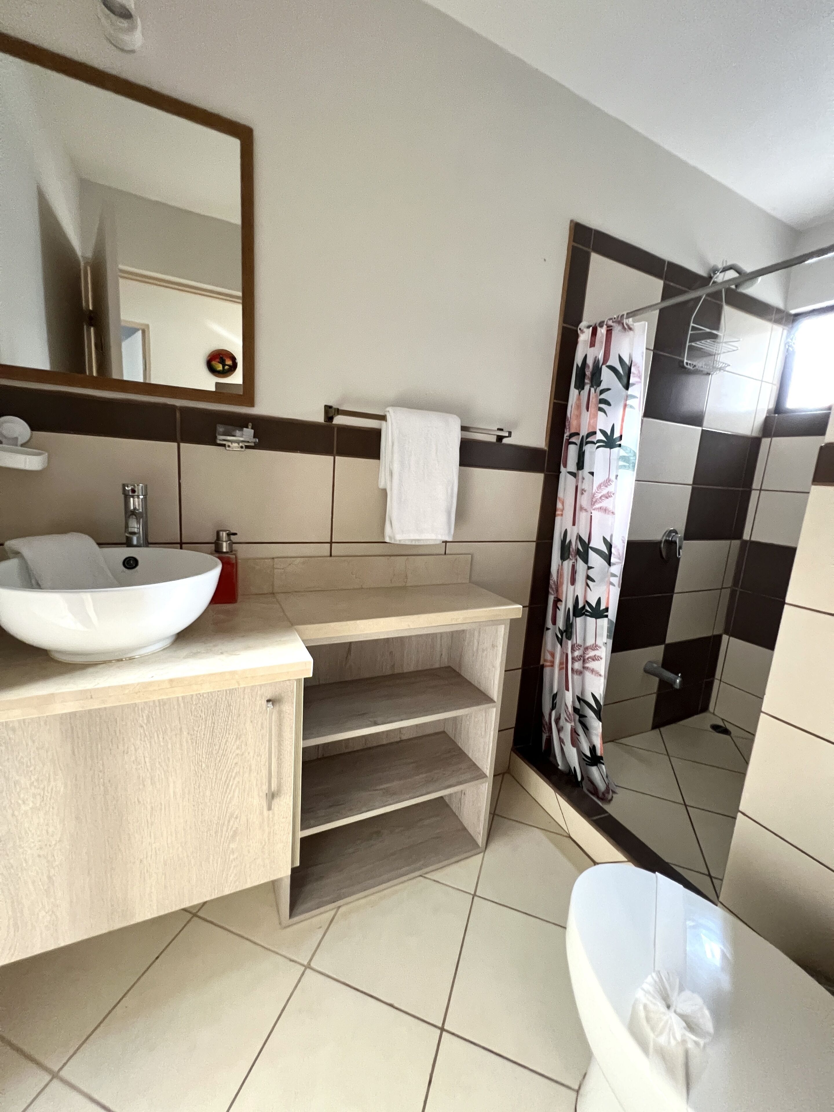 Une salle de bain avec un lavabo blanc, un miroir et un rideau de douche.