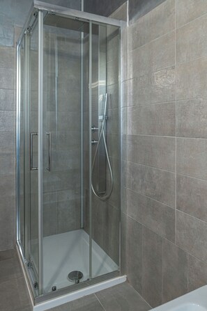 Shower, hair dryer, bidet, towels