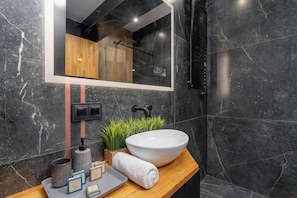 Shower, hair dryer, towels, shampoo
