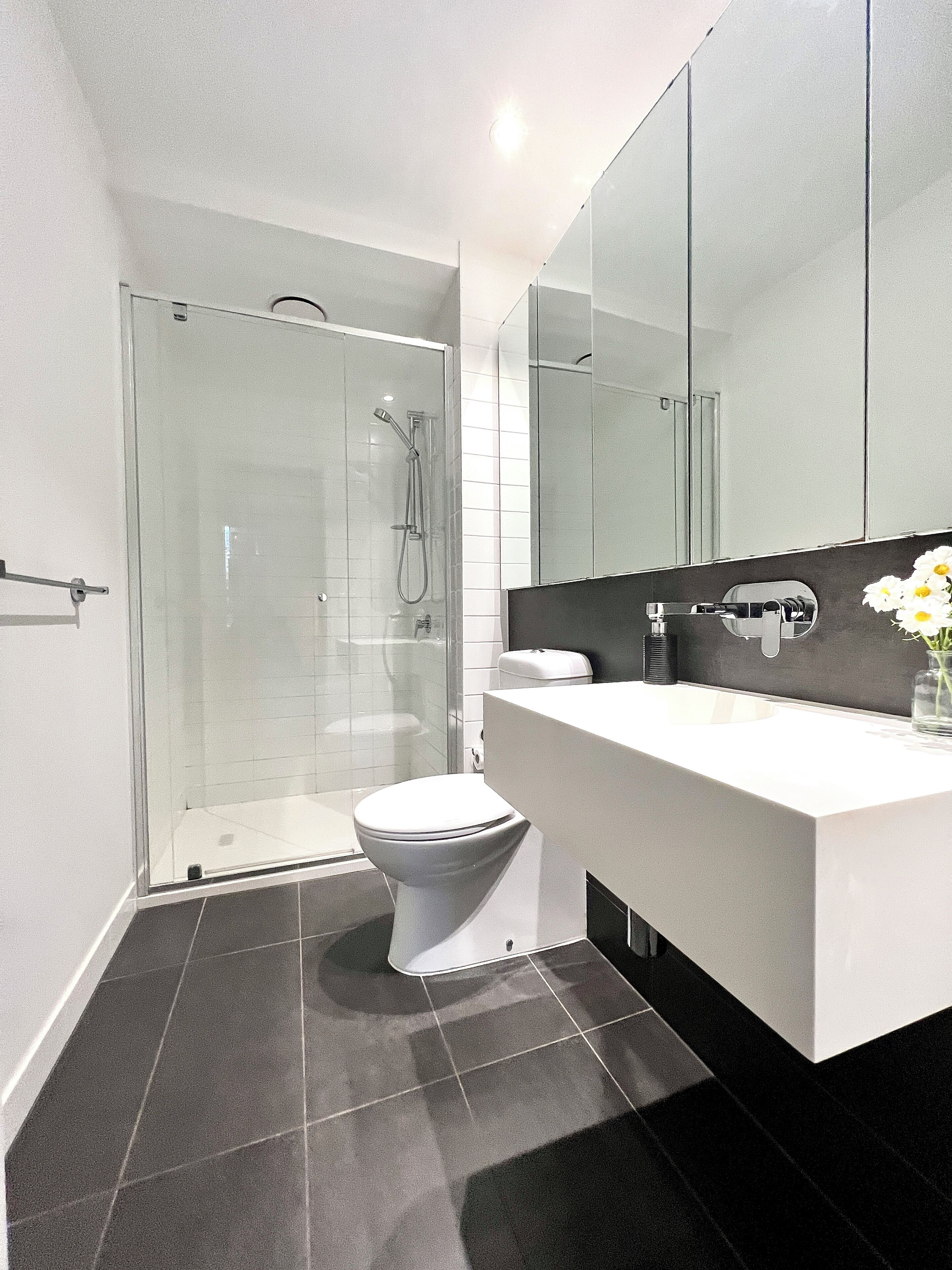 Un baño moderno con ducha envuelta en vidrio, inodoro blanco y un espejo grande sobre el lavamanos.