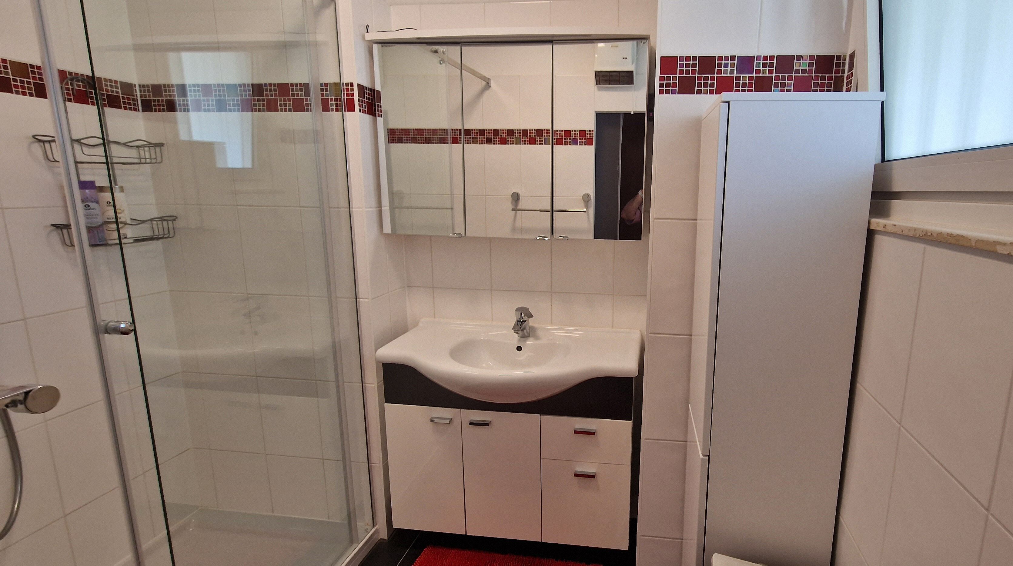 Ein Badezimmer mit Duschkabine aus Glas, einem weißen Waschbecken mit Spiegel darüber und einer gefliesten Rückwand.