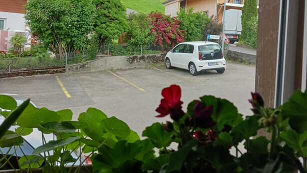 Vista desde una ventana sobre un estacionamiento con un coche blanco, rodeado de vegetación y casas de arquitectura tradicional, bajo un cielo parcialmente nublado.