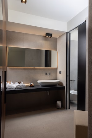 Chambre exécutive | Salle de bain | Séchoir à cheveux, pantoufles, bidet, serviettes fournies