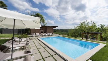 Seasonal outdoor pool, pool umbrellas, pool loungers