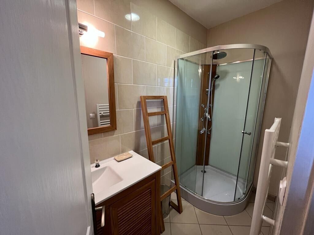 A bathroom with a glass-enclosed shower, a wooden ladder, a white sink, and a mirror.