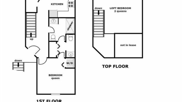 Plano de planta de un apartamento frente al mar con porche cubierto, sala de estar con sofá cama tamaño queen, comedor, cocina y dos dormitorios en la planta baja.