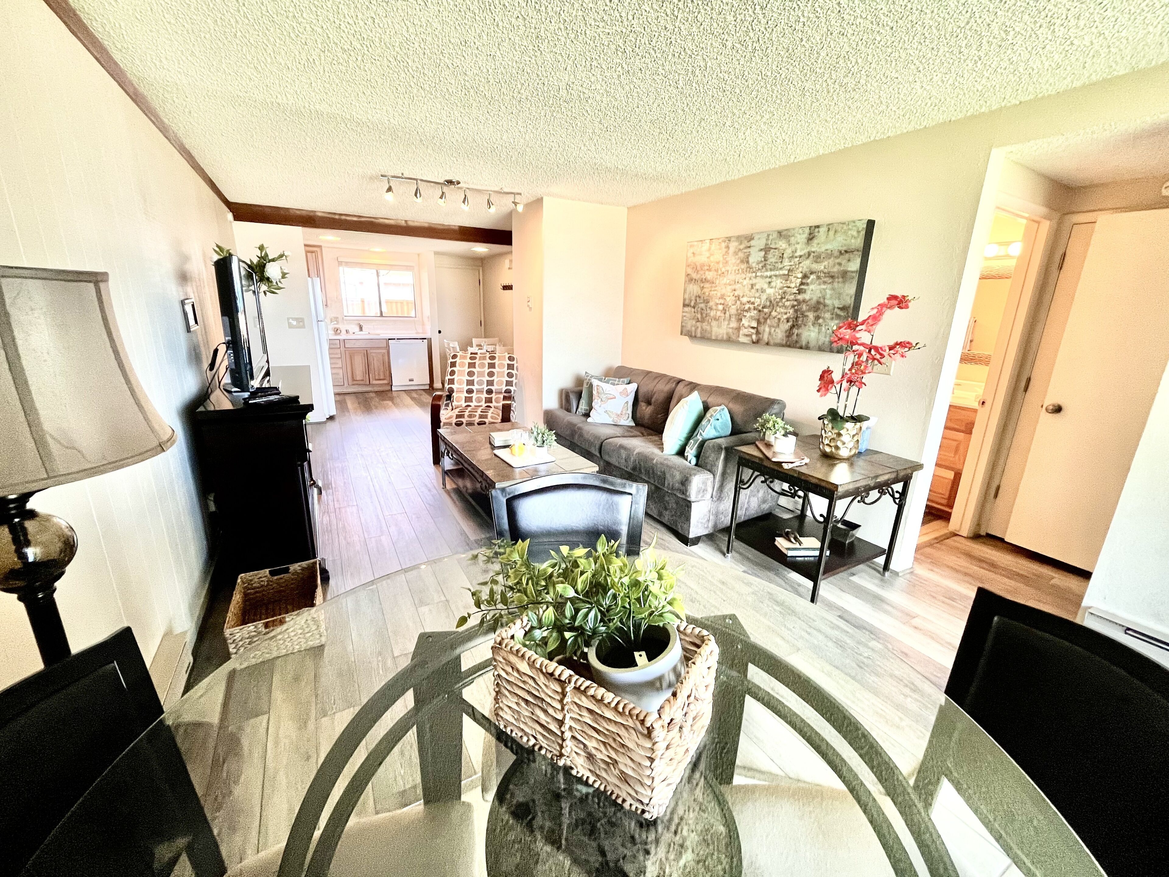 Télévision, cheminée, chaîne hi-fi