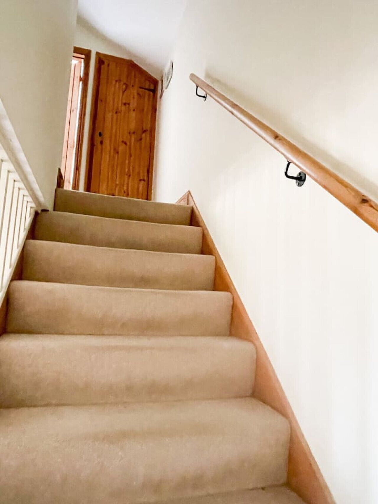 A carpeted staircase with wooden handrails and a wooden door at the top.